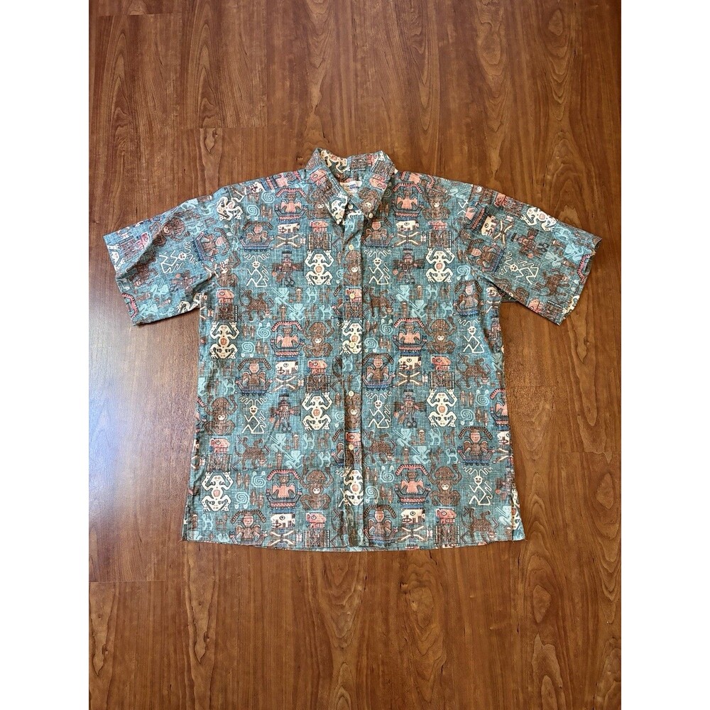 Reyn Spooner Men's Aztec Tiki Totem Hawaiian Button Down T-Shirt XL